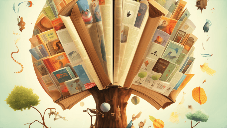 A cartoon tree made of books